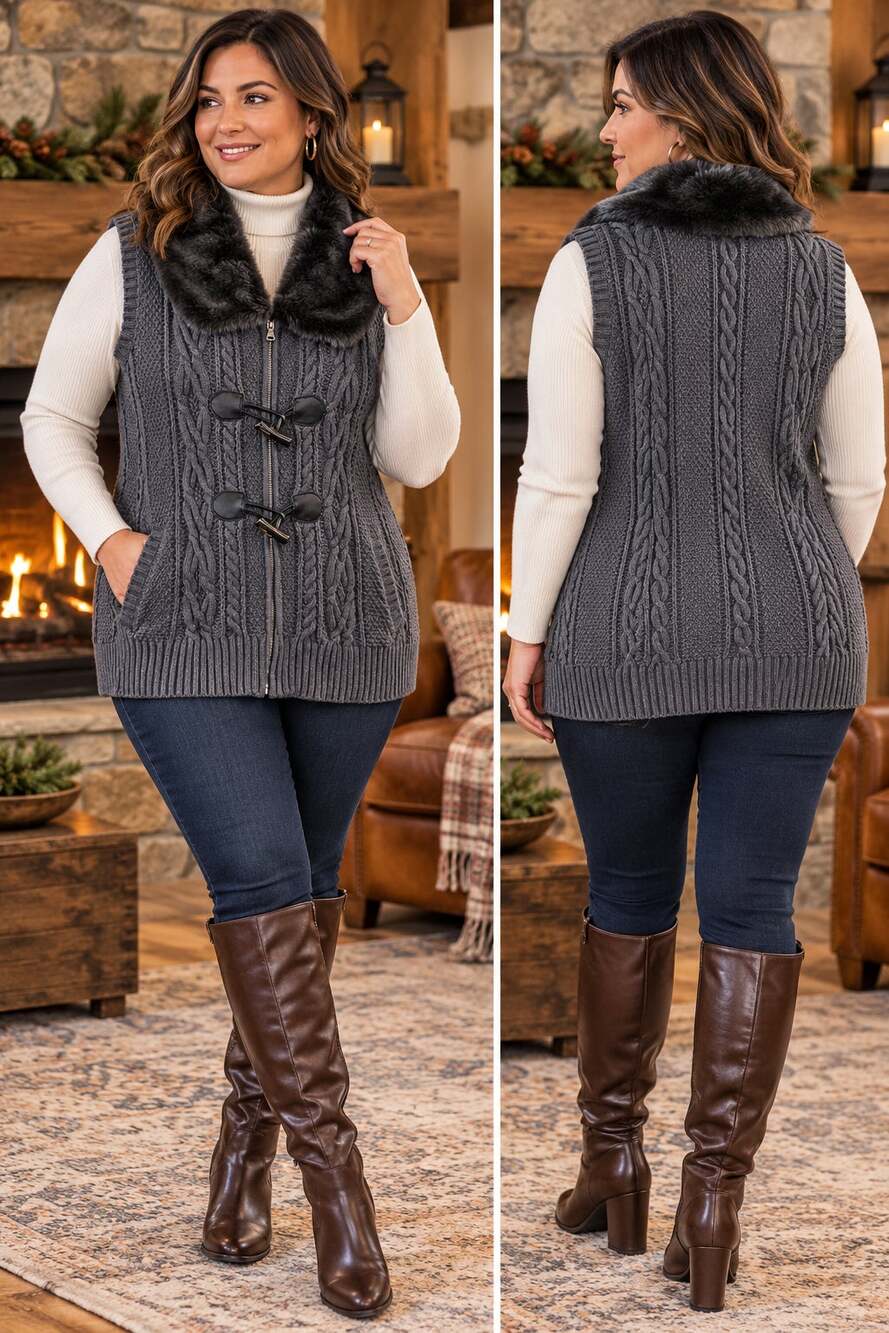 Charter Club Womens XL Charcoal Gray Cable Knit Faux Fur Vest Toggle Zip